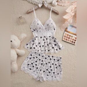 Cat Print Lace Sleepwear Set Lightweight Breathable Soft Jersey New Boutique